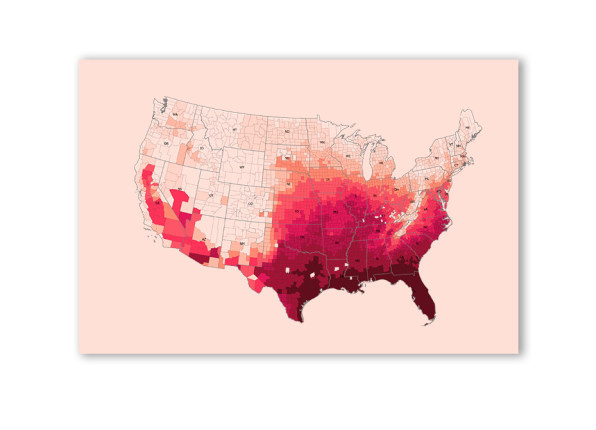   Um mapa de condado por condado dos Estados Unidos, com o interior da Califórnia e os condados do sul sombreados em vermelho mais escuro do que os condados do norte e centro-oeste. Os condados ao longo da costa do golfo são particularmente vermelhos escuros.